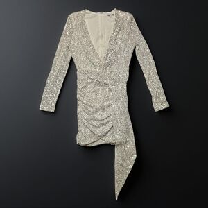 FASHION NOVA Silver Sequin Asymmetrical Dress. Very Nice! Size S.